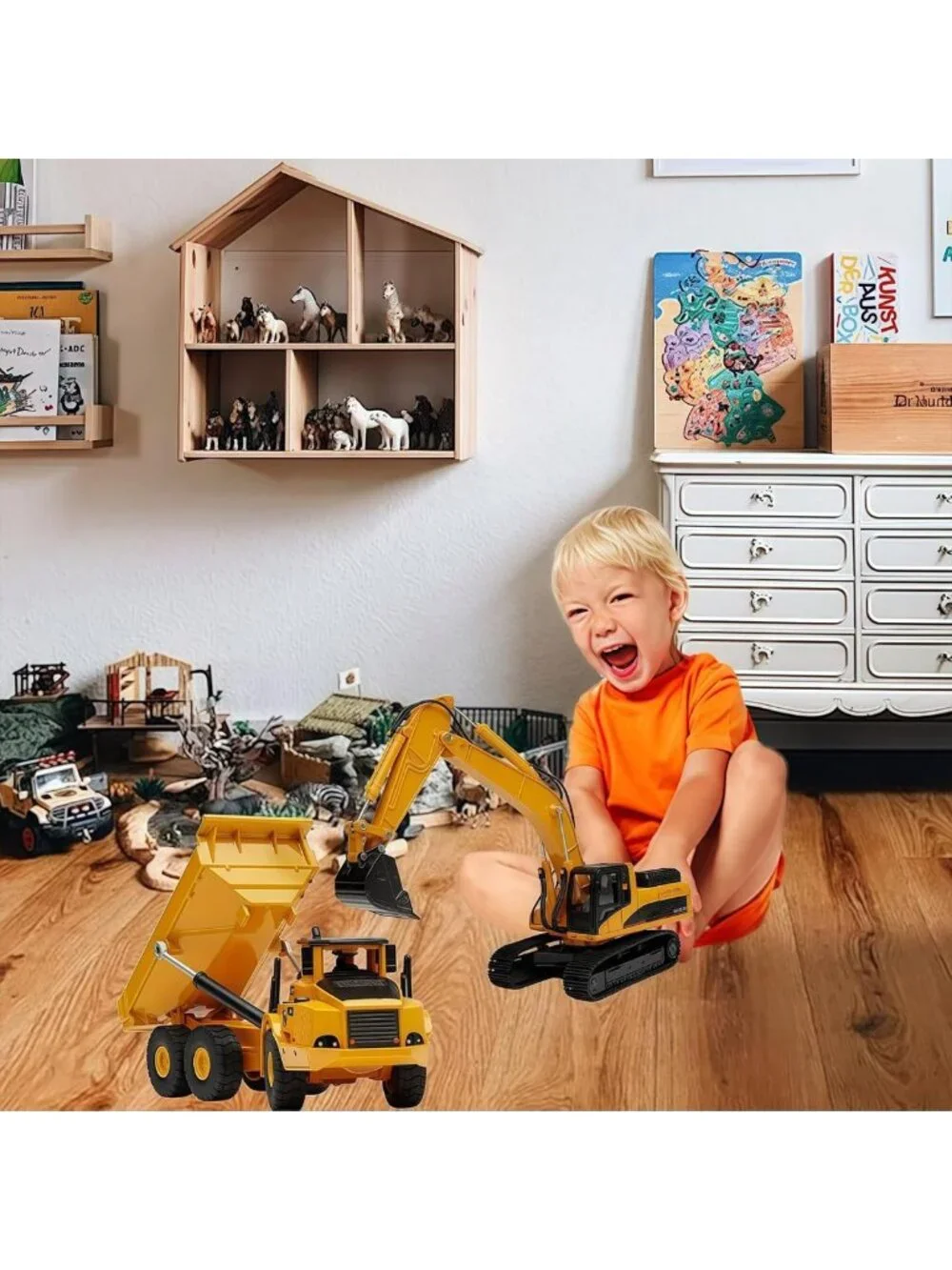 Heavy Duty Construction Dump Truck & Excavator Toy Set, 1:50 Scale Diecast for